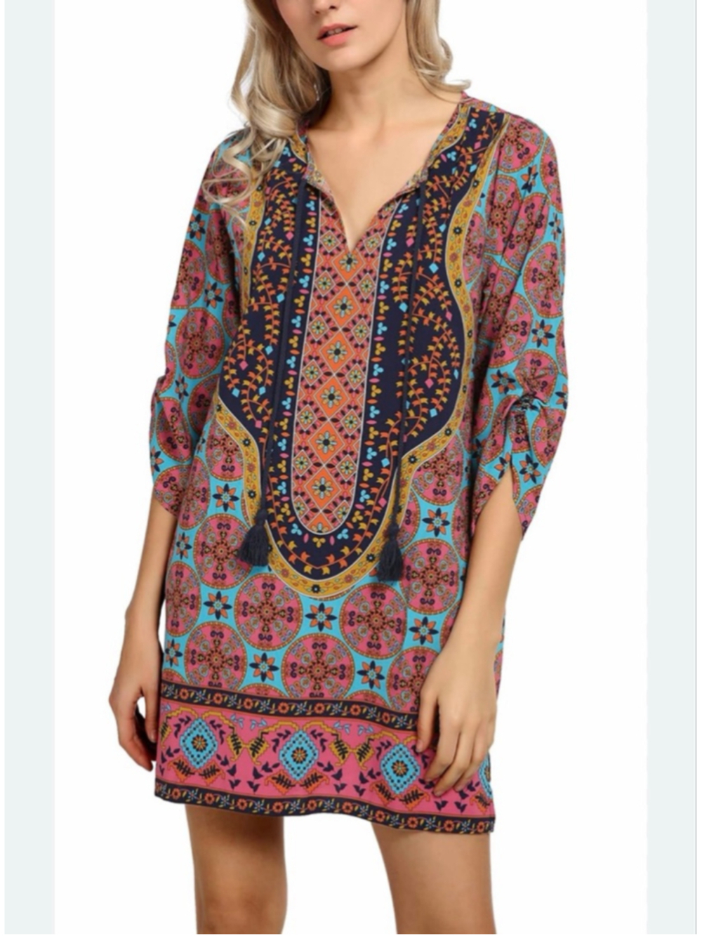 Women's Bohemian Neck Tie Urban Coco Mini Dress L Blue Pink Boho Print New NWT - Picture 1 of 14